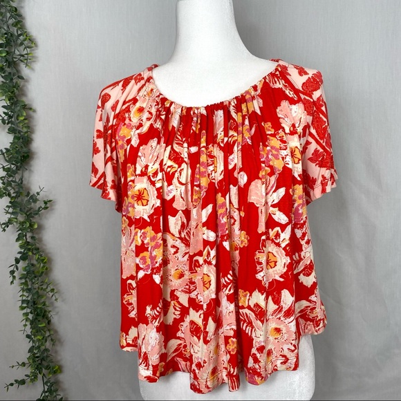 NWT Free People Baja Babe Red Floral Flowy Tie Open Back Blouse Gathered Top - Picture 9 of 16